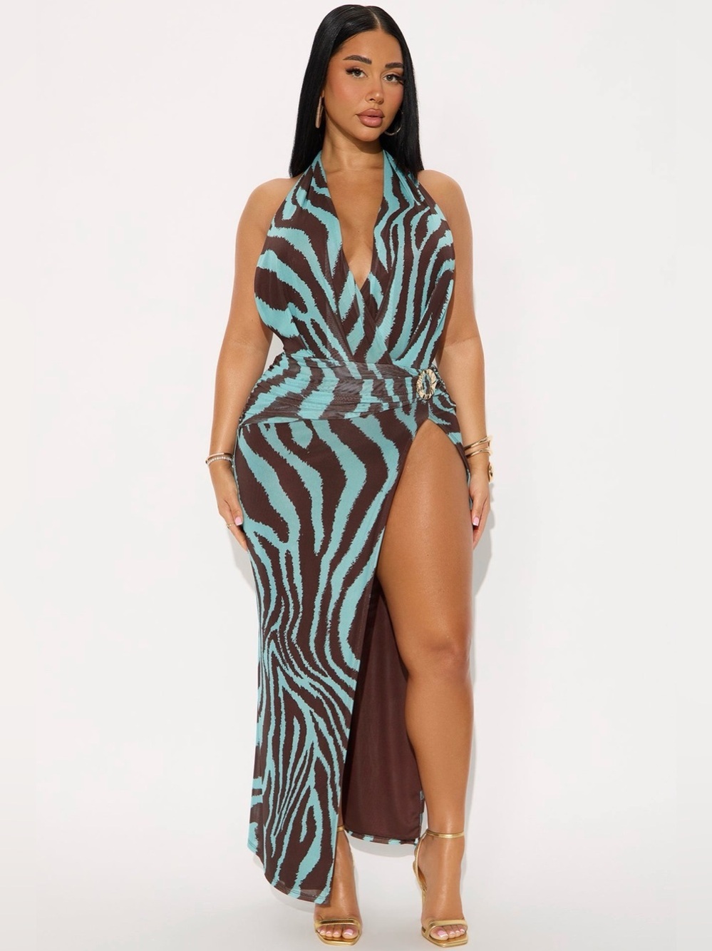NWT Turquoise and Brown Zebra Halter Maxi Dress